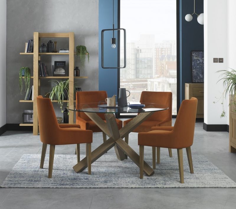 Turin Light Oak 4 Seater Round Glass, Oak Furniture Glass Dining Table And Chairs