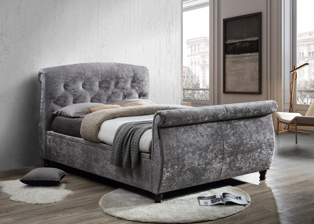 Toulouse Crushed Velvet Side Ottoman Sleigh Bed